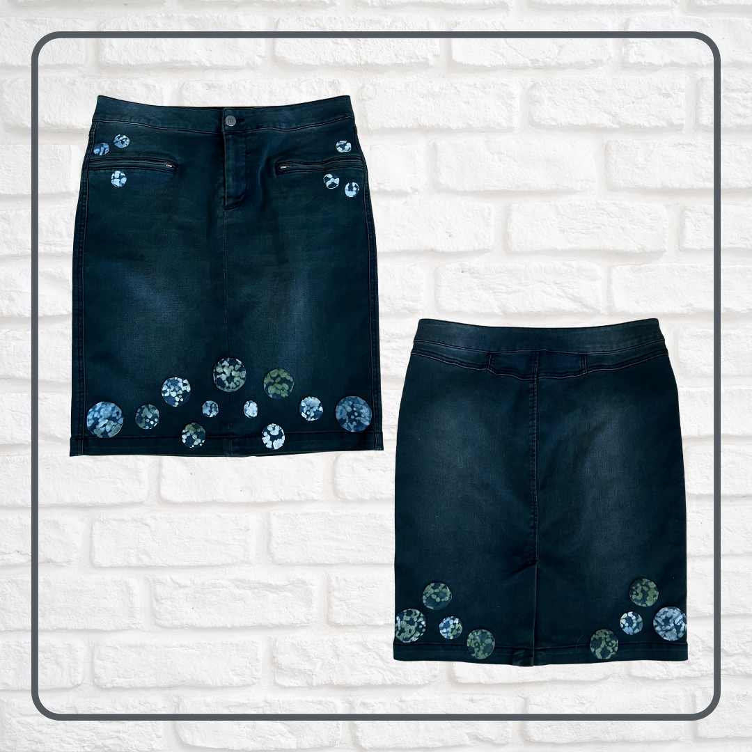 Upcycled denim pencil skirt with circle appliqués