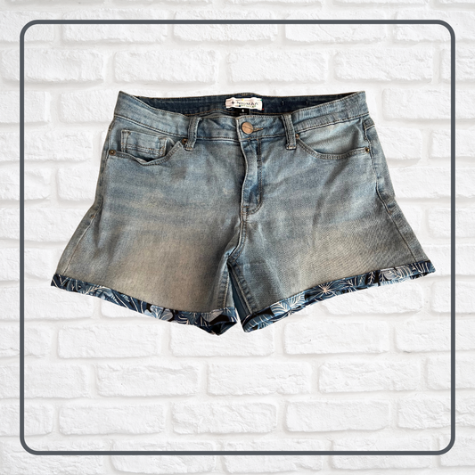 Upcycled Jean shorts with printed trim at cuffs